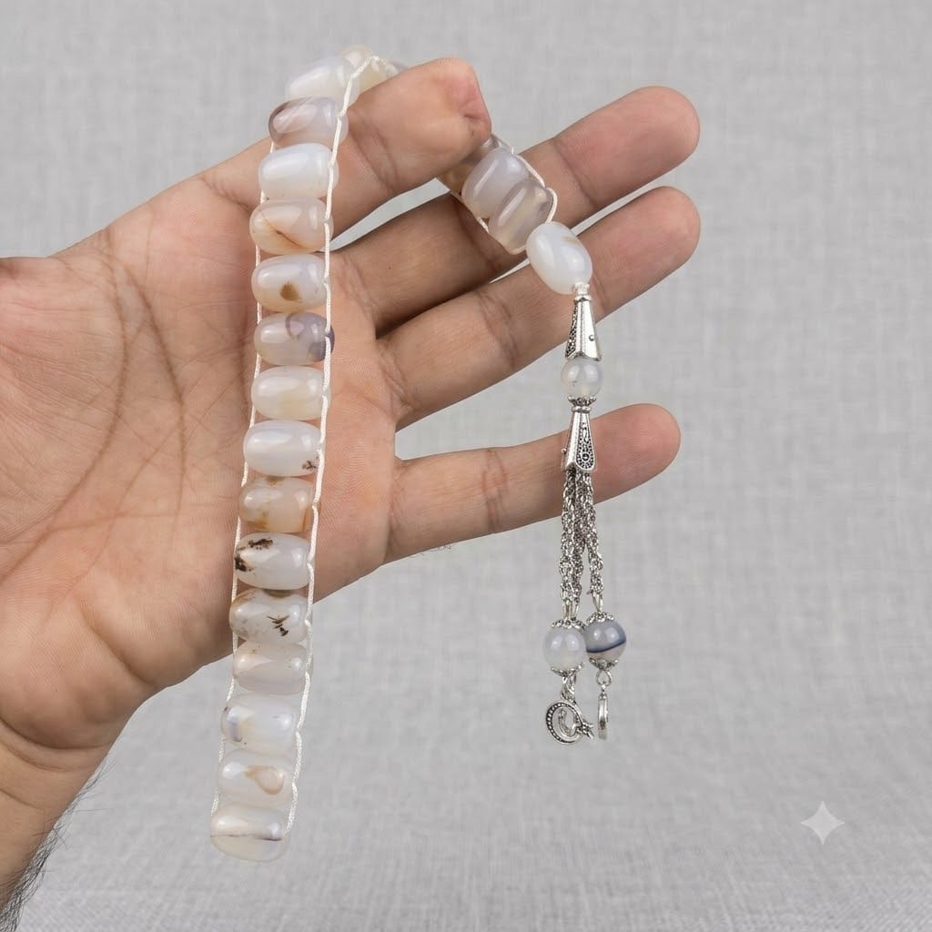 Translucent Milky White Aqeeq Stone Tasbeeh Turkish Style ,with natural Inclusions, 12mm/21 Beads