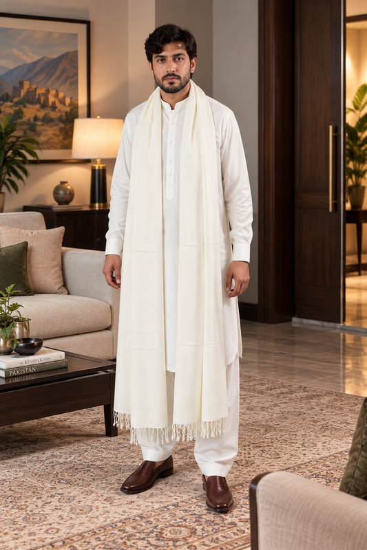 72 Count Premium Swati Wool Shawl Plain Off-White Color, Original, Handmade.