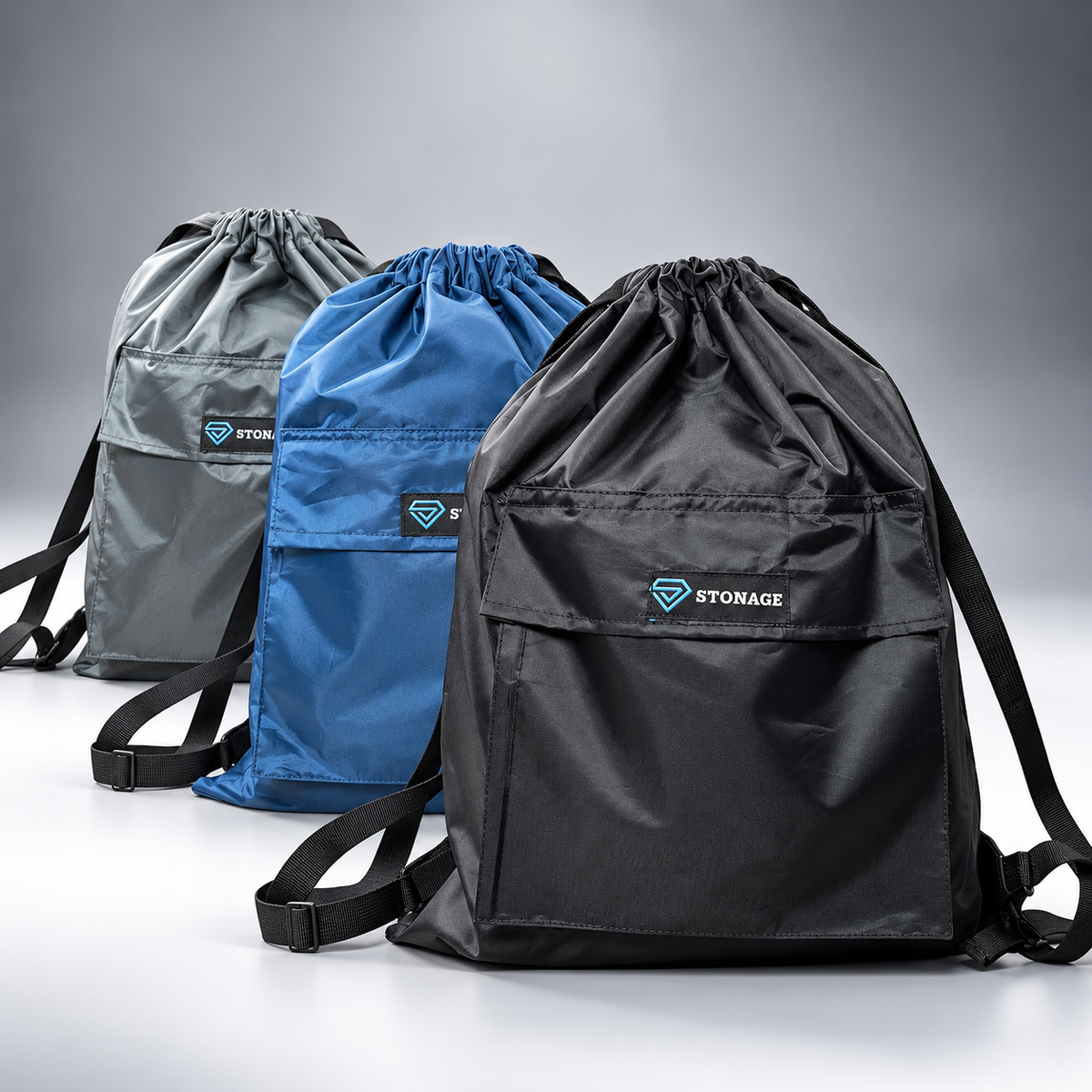 Pack of 3 | Family Value Pack | STONAGE Premium Double-Lined Drawstring Bags — (Blue+Grey+Black)