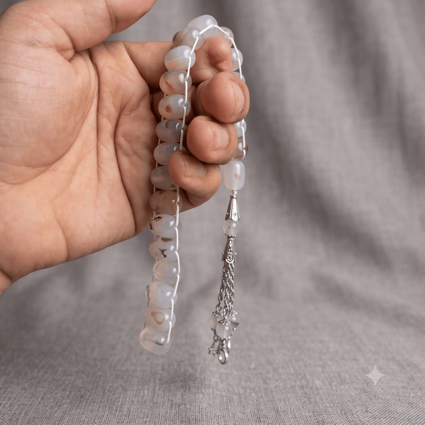 Translucent Milky White Aqeeq Stone Tasbeeh Turkish Style  ,with natural Inclusions,  12mm/21 Beads