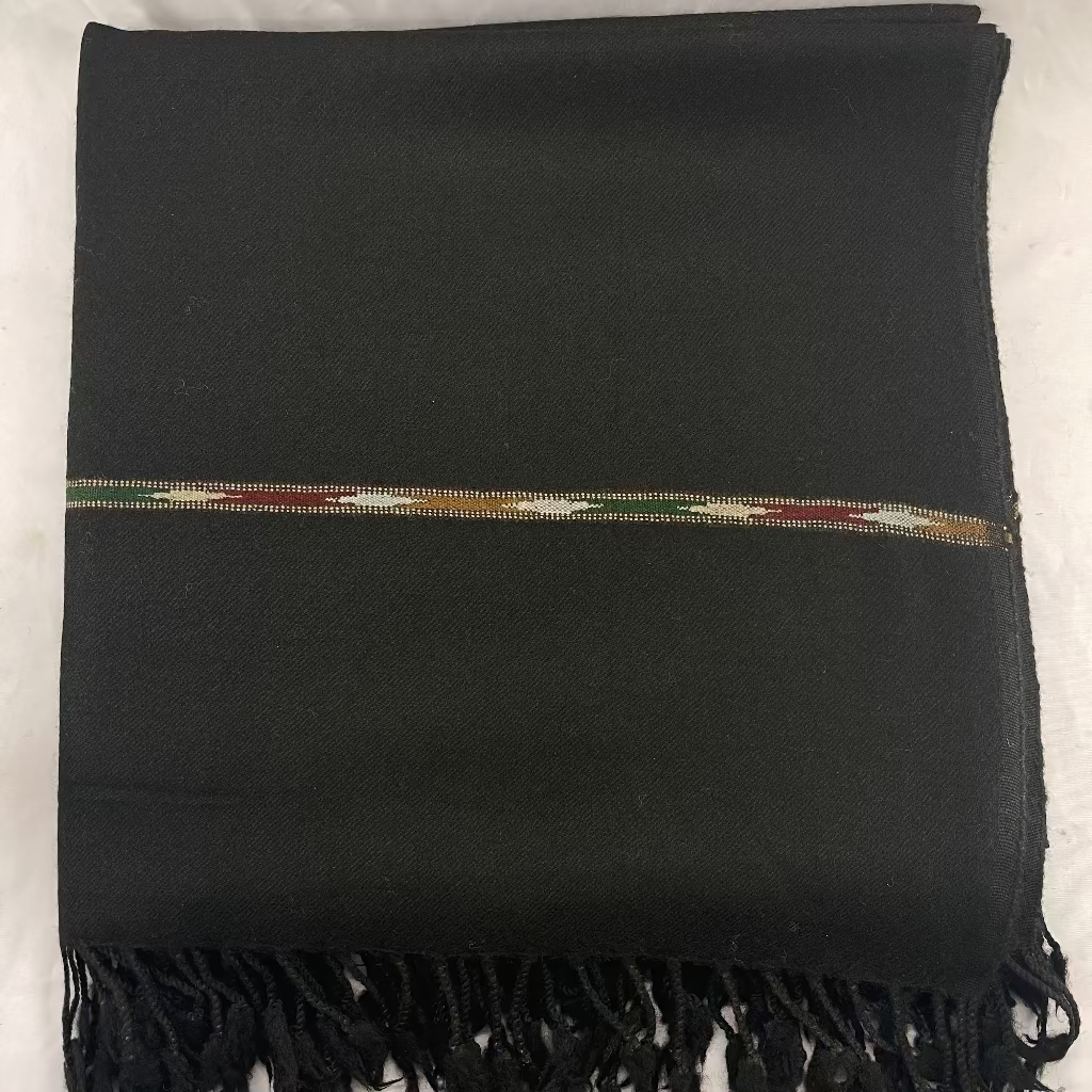 Black scarf with a colorful patterned border on a white background