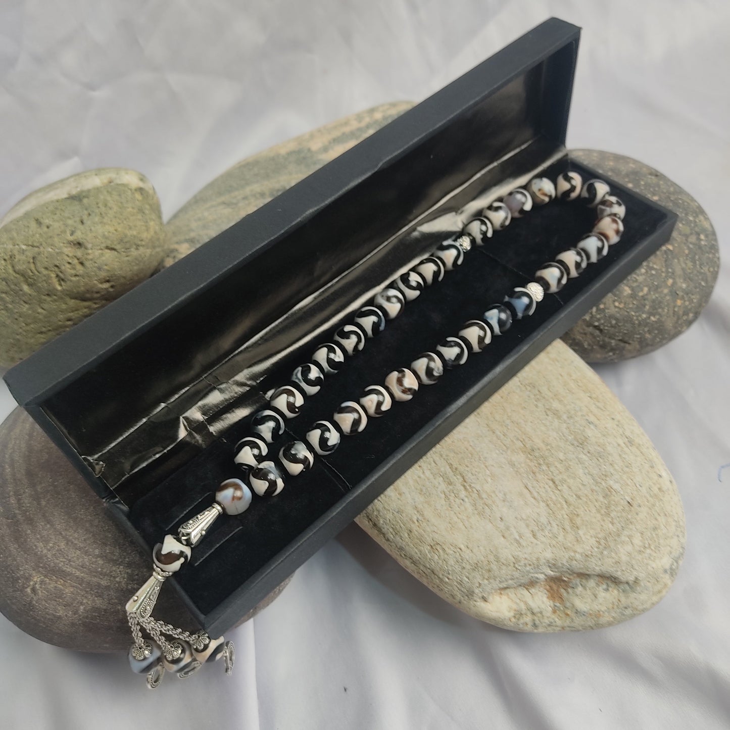 Vintage Afghanistan Black and  Greenish  Circled Aqeeq Stone Premium Tasbeeh  10mm/33 Beads