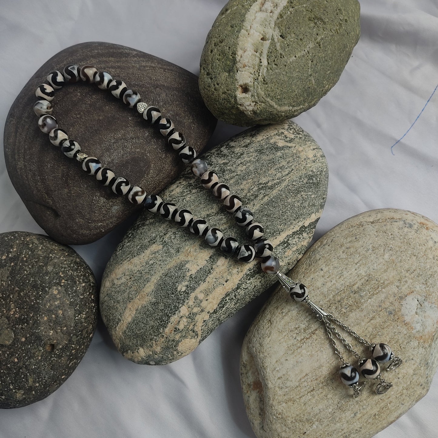 Vintage Afghanistan Black and  Greenish  Circled Aqeeq Stone Premium Tasbeeh  10mm/33 Beads