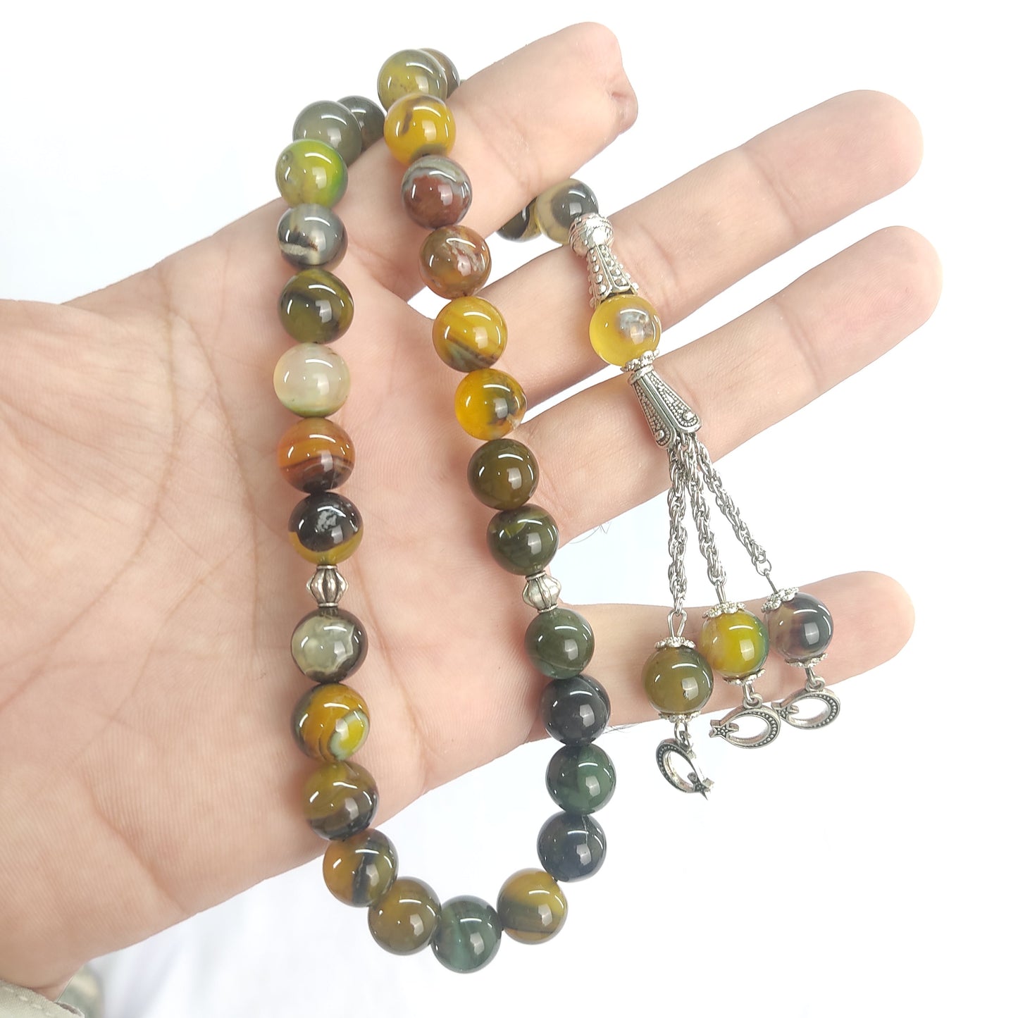 Olive Green Aqeeq Stone Tasbeeh 10mm 33 beads