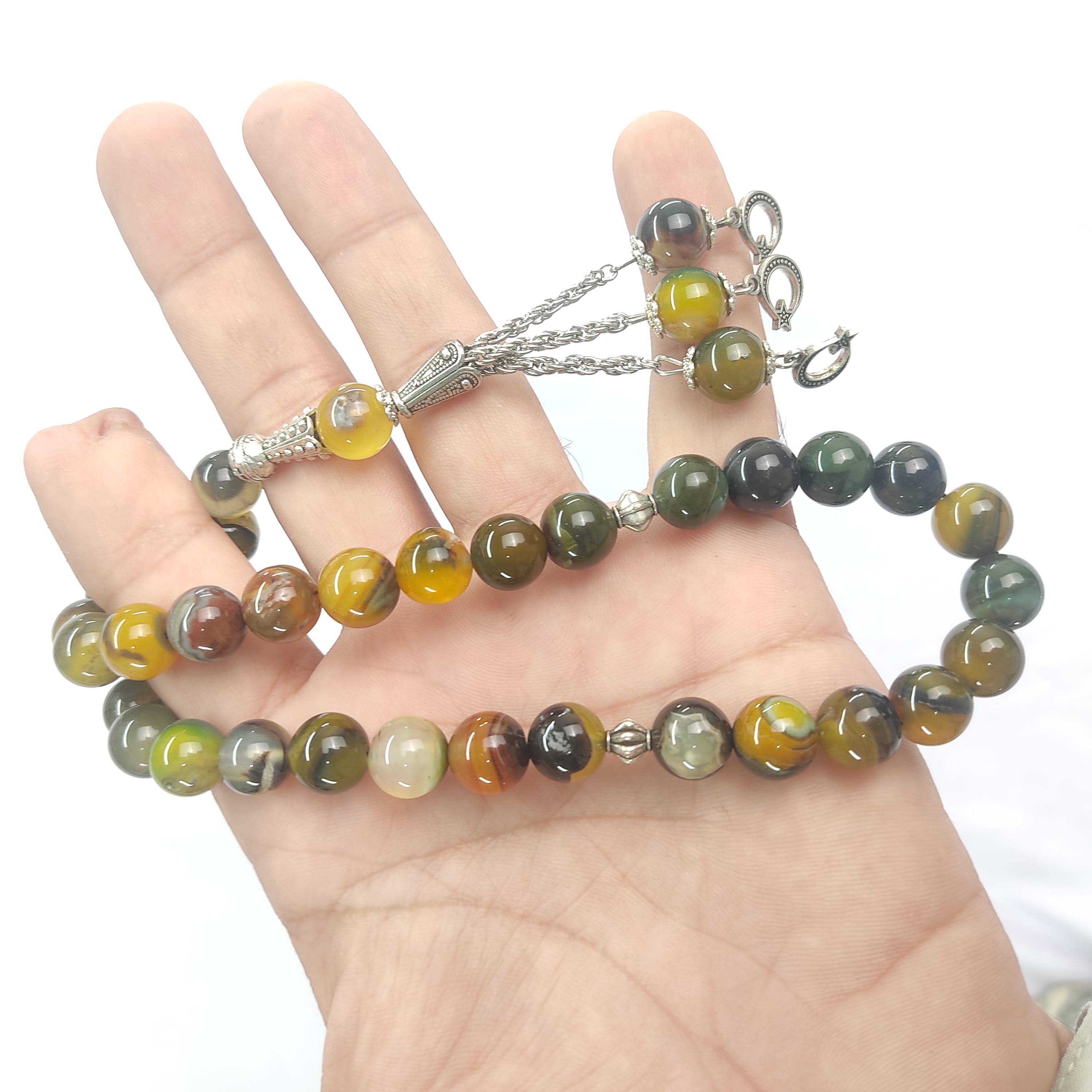 Olive Green Aqeeq Stone Tasbeeh 10mm 33 beads