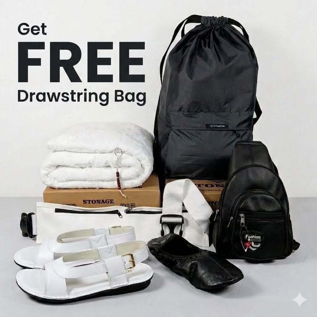 Get Free Drawstring Bag (Of Rs-1,500/-)  with 7 in 1 Hajj & Umrah Essentials – One Complete kit.