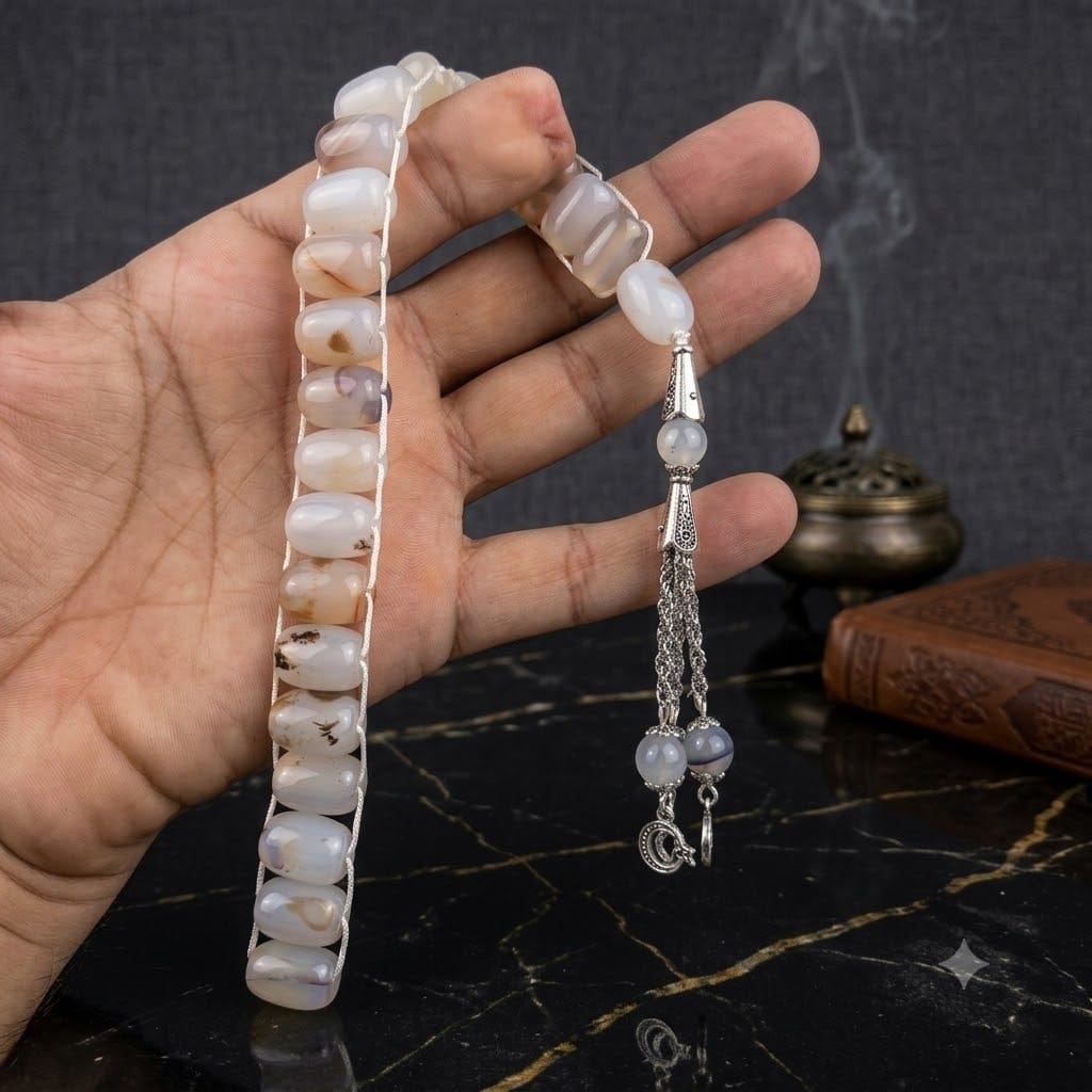 Translucent Milky White Aqeeq Stone Tasbeeh Turkish Style  ,with natural Inclusions,  12mm/21 Beads