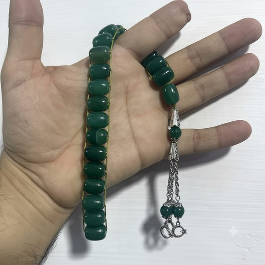 Green  Aqeeq Stone Tasbeeh Turkish Style  ,with natural bands ,  12mm/21 Beads