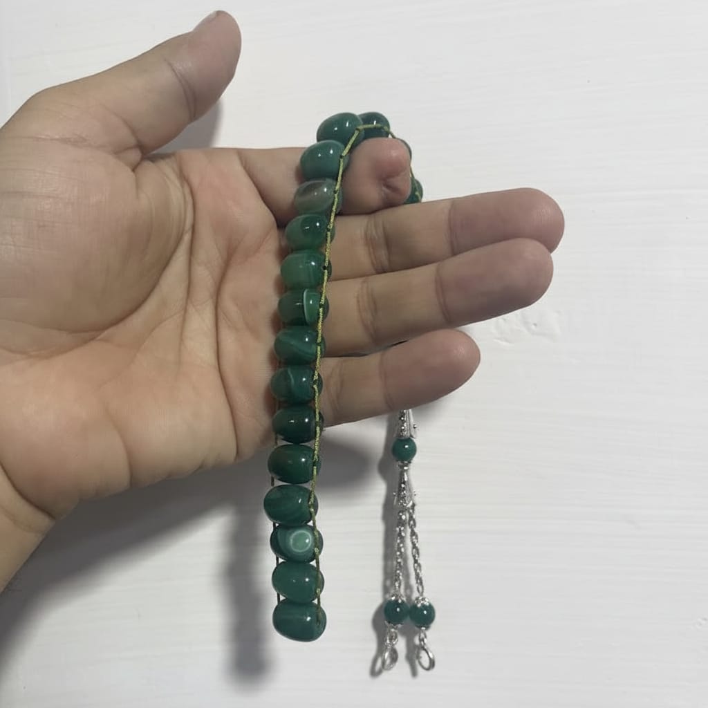 Green  Aqeeq Stone Tasbeeh Turkish Style  ,with natural bands ,  12mm/21 Beads