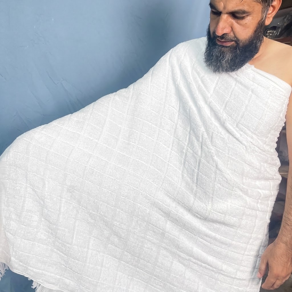 Pure Cotton Full Towel Ihram Set (2 Pieces) – Soft & Absorbent Single-Sided (