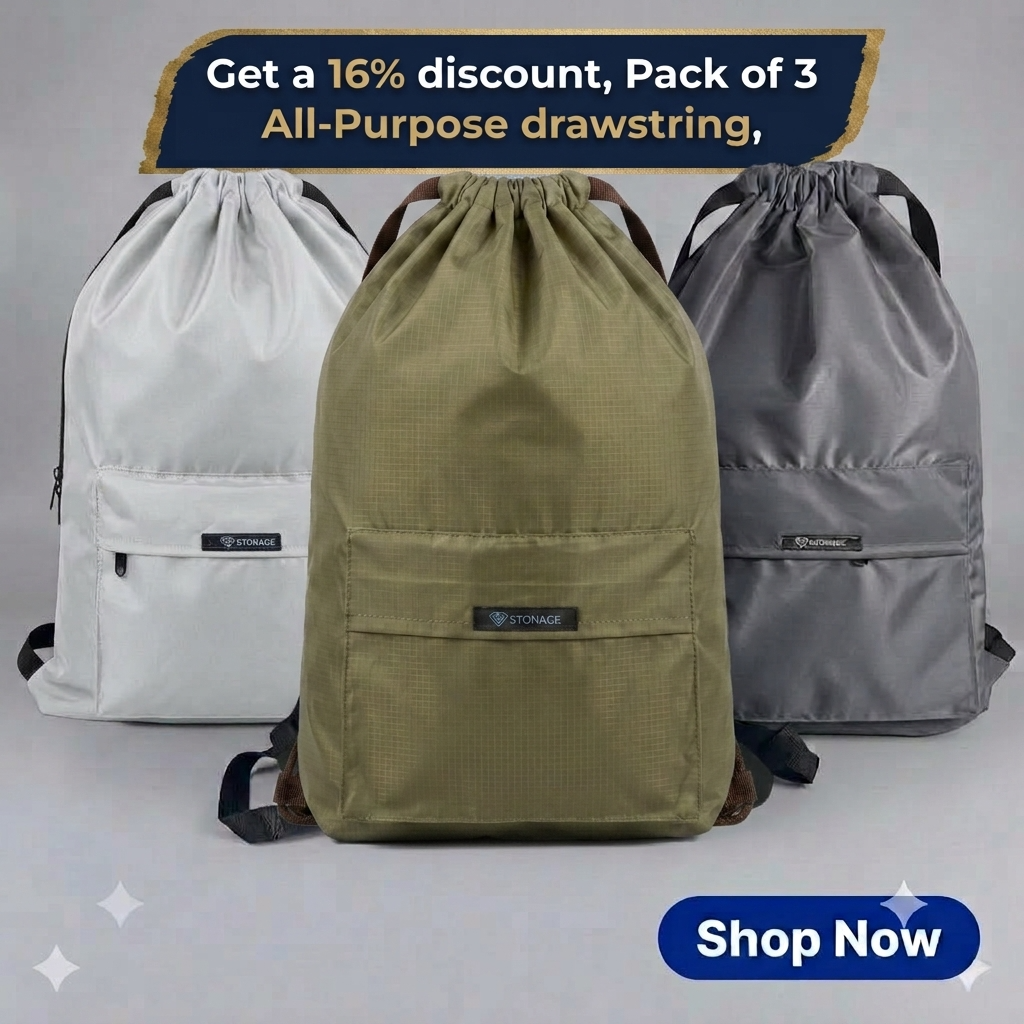 Pack of Three Drawstring Bags – , Waterproof, All-Purpose for Hajj Umrah College/Uni , Gym & Daily Use (  Light Grey  + Olive Green + Dark Grey  )