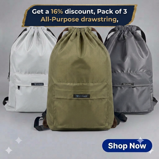 Pack of Three Drawstring Bags – , Waterproof, All-Purpose for Hajj Umrah College/Uni , Gym & Daily Use (  Light Grey  + Olive Green + Dark Grey  )