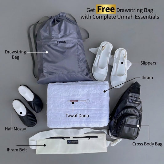 Get Free Drawstring Bag (Of Rs-1,500/-)  with 7 in 1 Hajj & Umrah Essentials – One Complete kit.