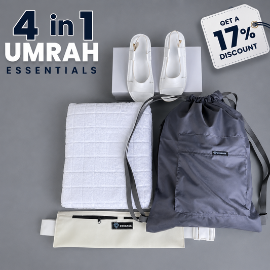 4 in 1, Hajj & Umrah Essentials –( Premium Ihram + Comfort Slipper + Ihram Belt+ Bag )