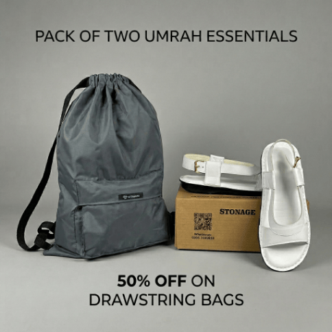2 In 1  Hajj & Umrah Combo, Drawstring Bag + Haj Umrah Premium Slippers .
